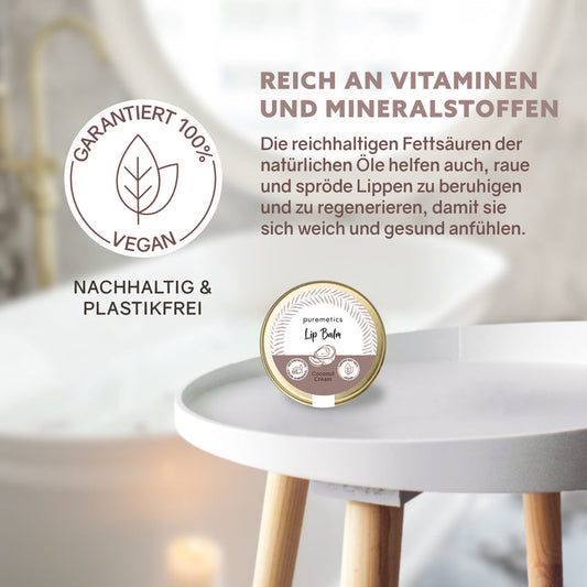 Veganer Puremetics Lip Balm „Coconut Cream“ mit Sheabutter und Kokosöl, gepflegender Lippenbalsam in natürlicher Verpackung