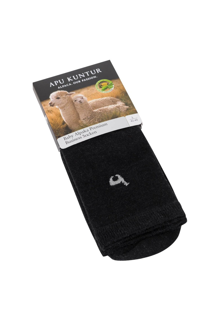 Apu Kuntur Alpaka Business Premium Socken in Anthrazit, Herren- und Damensocken aus hochwertiger Alpaka-Wolle, mit blauer Akzentfarbe.