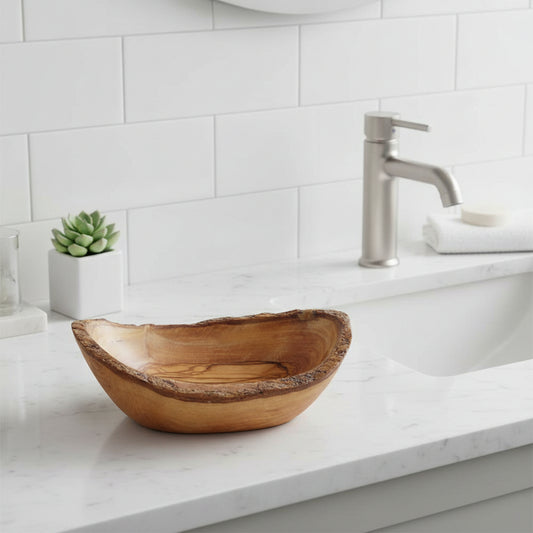 Ovale rustikale Seifenschale aus Olivenholz, ca. 12-14 cm, handgefertigt, zeigt natürliche Holzmaserung und rustikale Optik