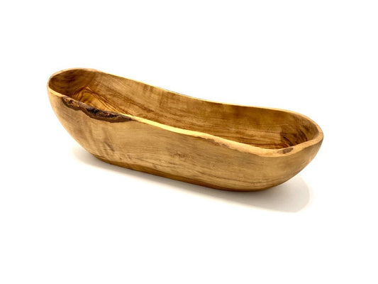 Olivenholz-Brot- und Baguetteschale, handgefertigt, ca. 25-34 cm, aus Olivenholz, natürliche Maserung und elegante Form