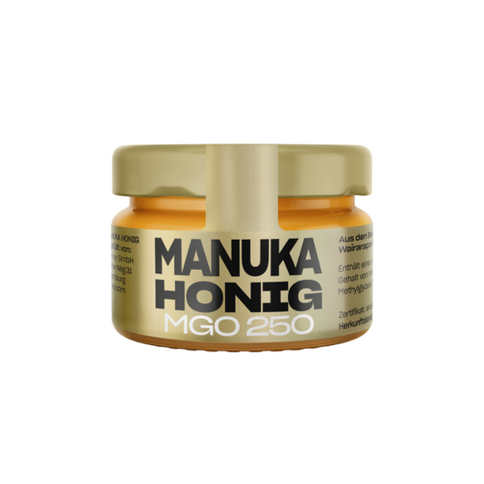 Ein Glas ANUK Manuka Honig MGO 250 aus Neuseeland in 50g Verpackung, hochwertiger Manukahonig von ANUK Honey.