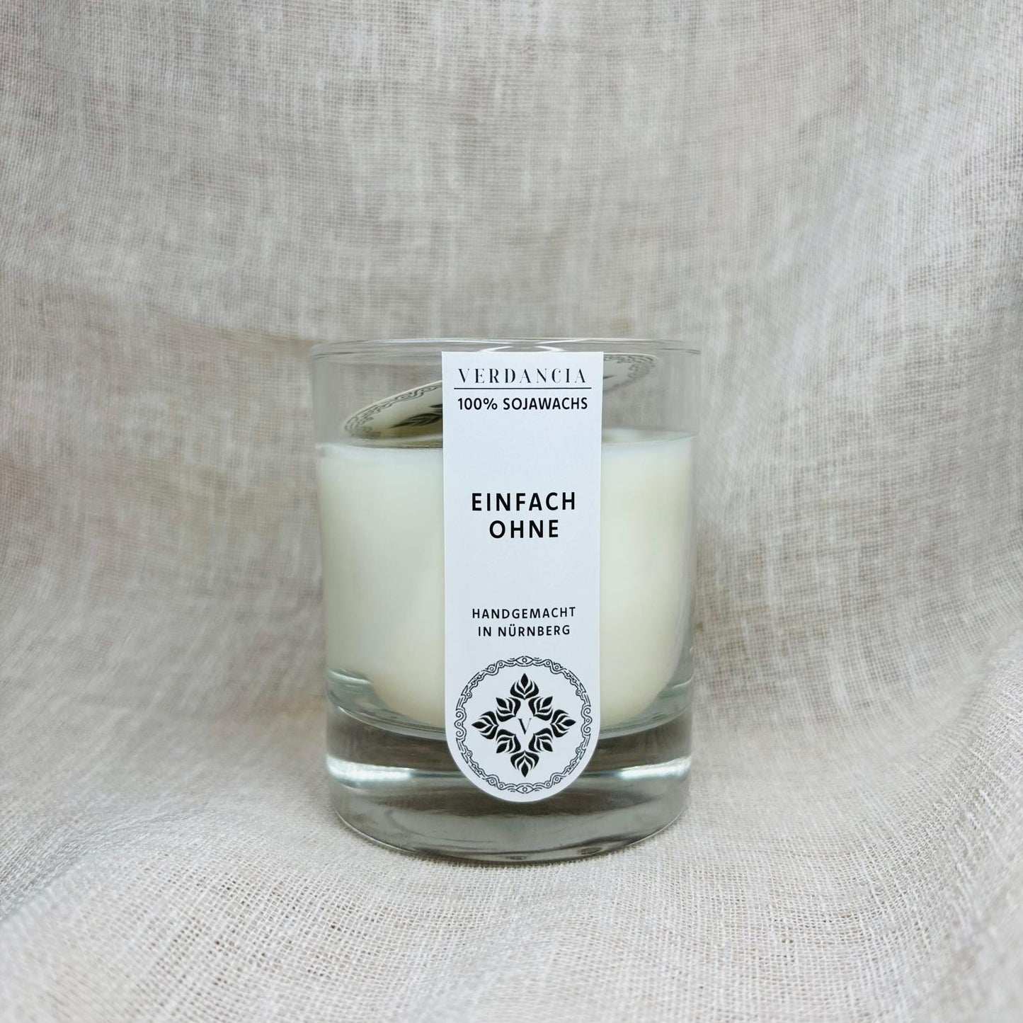 Verdancia Soja Duftkerze "Einfach Ohne" in minimalistischer Verpackung, ohne Duft, auf neutralem Hintergrund.
