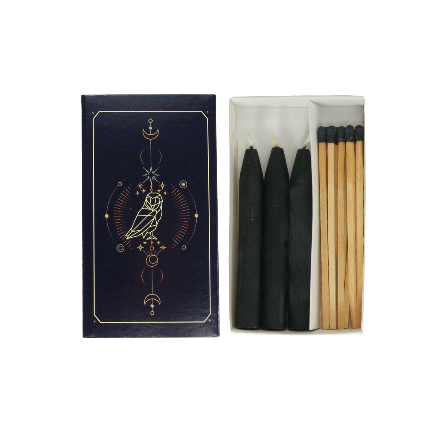 Ritual-Set „Die Eule – Hüterin der Geheimnisse“ – Schwarze Kerzen & lange Streichhölzer - Verdancia