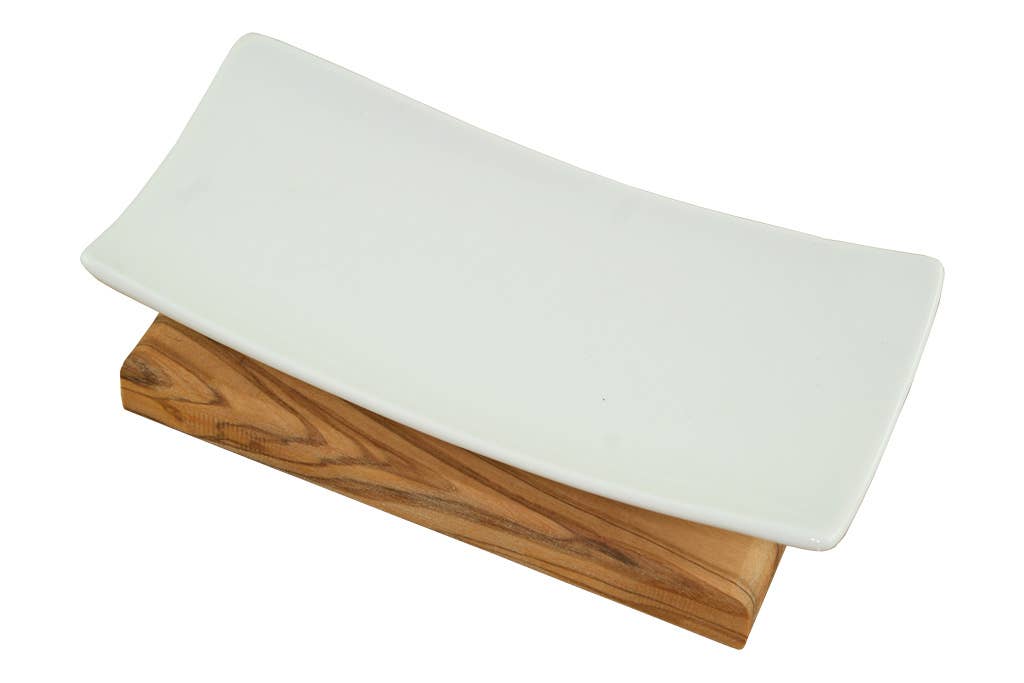 Porte-savon en porcelaine avec base en bois d'olivier