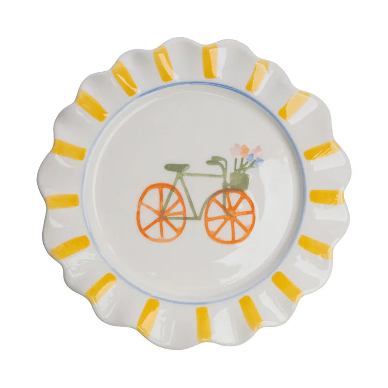 Gelber Steinzeug-Teller von Tranquillo, handbemalt, kinderfreundlich, VELOBLOOM Design, ideal für Mahlzeiten.