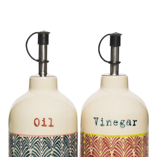 Bunte handgestempelte Steinzeug Essig- und Ölflasche von Tranquillo, farbenfrohes Küchenaccessoire, robustes Behälterset