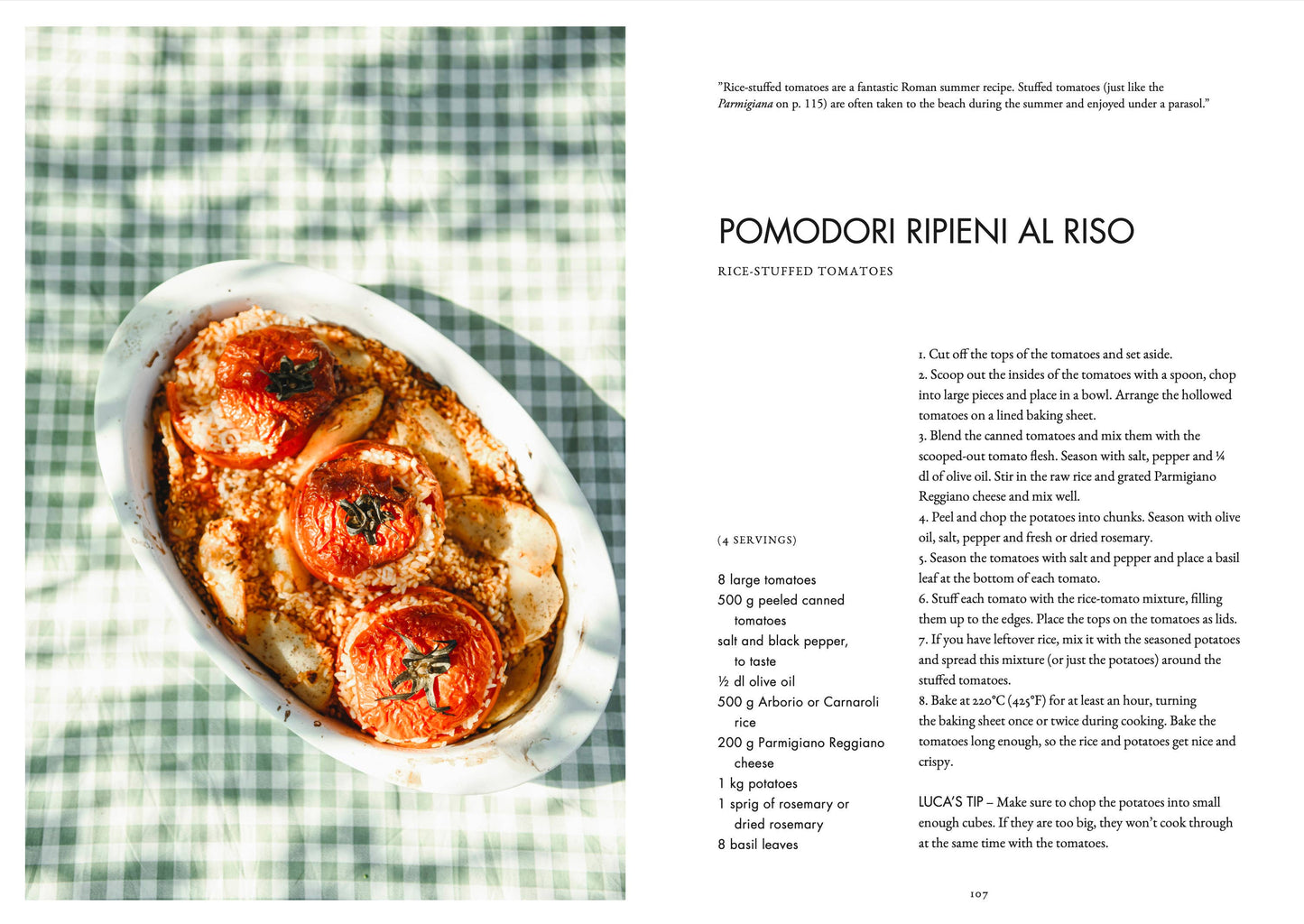 Buchdoppelseite mit einem Rezept für pomodori Ripieni al riso