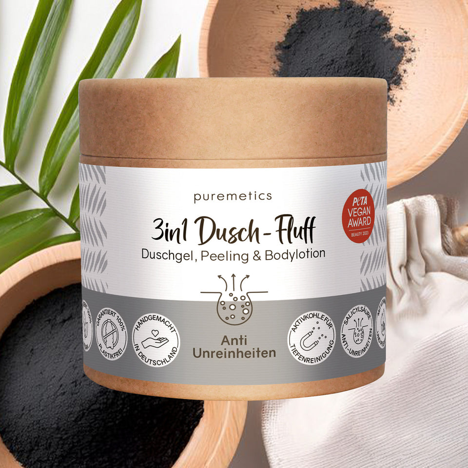 Puremetics 3in1 Dusch-Fluff Anti-Unreinheiten mit Aktivkohle, Niacinamid und Salicylsäure, 250 g, cremige Textur