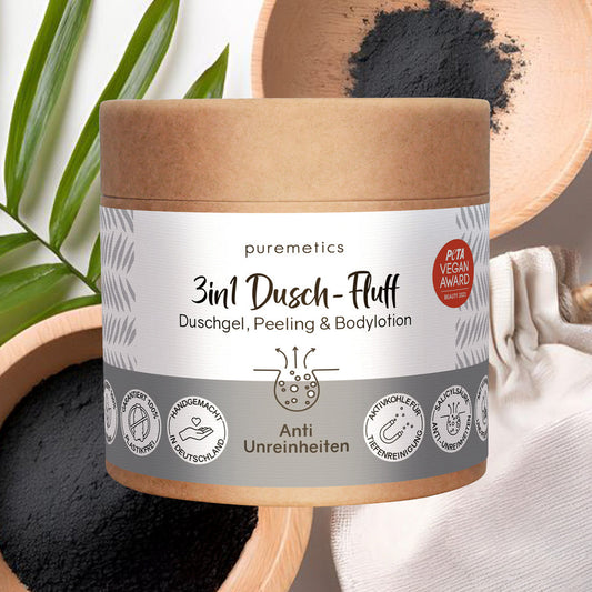 Puremetics 3in1 Dusch-Fluff Anti-Unreinheiten mit Aktivkohle, Niacinamid und Salicylsäure, 250 g, cremige Textur
