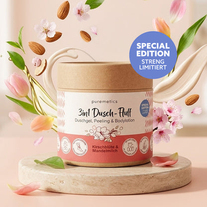 Puremetics 3in1 Dusch-Fluff Kirschblüte und Mandelmilch, Duschgel, Peeling und Pflege in 250 g, Frühlingsmood