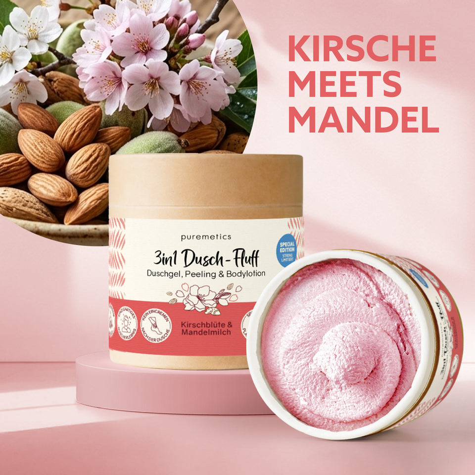 Puremetics 3in1 Dusch-Fluff mit Kirschblüte und Mandelmilch, Duschgel, Peeling und Pflege, offene Verpackung, frühlingshaftes Design