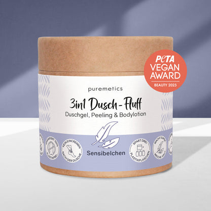 Puremetics 3in1 Dusch-Fluff Sensibelchen, Duschgel, Peeling und Pflege ohne Duftstoffe, sanfte Reinigung für empfindliche Haut