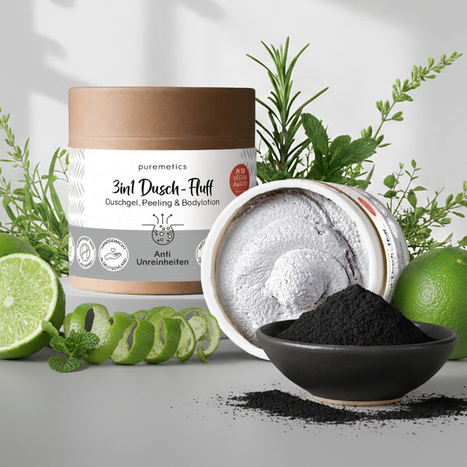 Puremetics 3in1 Dusch-Fluff „Anti-Unreinheiten“ mit Aktivkohle, Niacinamid und Salicylsäure, 250 g, feuchtigkeitsspendendes Duschgel