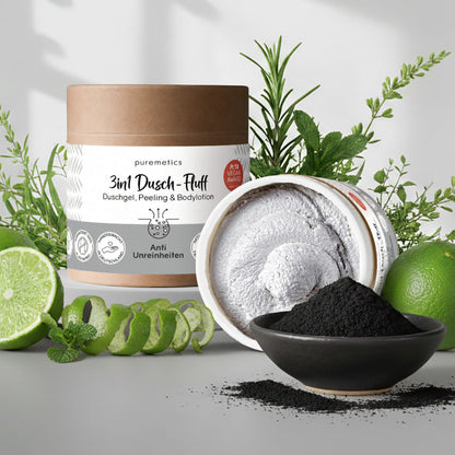 Puremetics 3in1 Dusch-Fluff „Anti-Unreinheiten“ mit Aktivkohle, Niacinamid und Salicylsäure, 250 g, feuchtigkeitsspendendes Duschgel