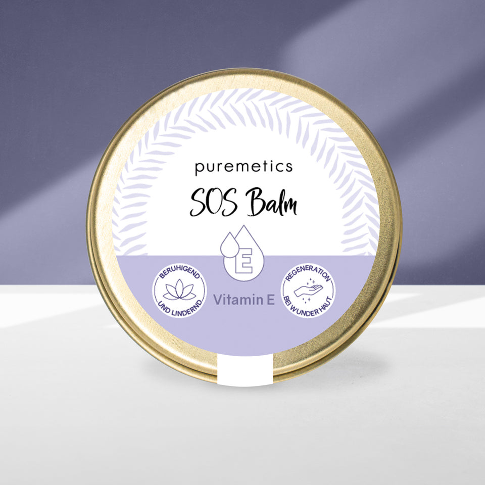 Puremetics SOS Balsam „Vitamin E“ in 10ml Cremeform, vegan und parfumfrei, spendet intensive Pflege bei trockener und irritierter Haut