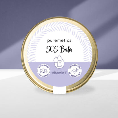 Puremetics SOS Balsam „Vitamin E“ in 10ml Cremeform, vegan und parfumfrei, spendet intensive Pflege bei trockener und irritierter Haut