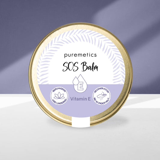 Puremetics SOS Balsam „Vitamin E“ in 10ml Cremeform, vegan und parfumfrei, spendet intensive Pflege bei trockener und irritierter Haut