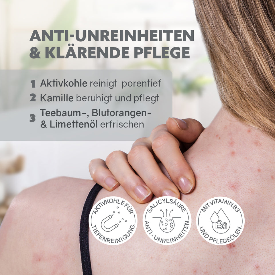 Duschgel Puremetics 3in1 Dusch-Fluff Anti-Unreinheiten mit Aktivkohle, Niacinamid und Salicylsäure, Rückenansicht