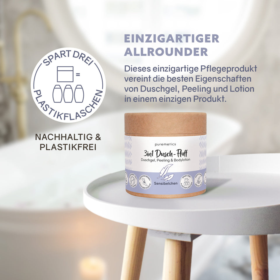 Puremetics 3in1 Dusch-Fluff Sensibelchen, Duschgel, Peeling und Pflege ohne Duftstoffe, cremige Textur und sanfte Anwendung