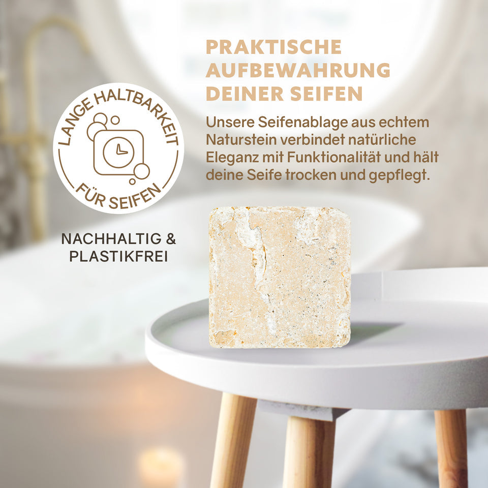 Puremetics Seifenablage aus Travertinstein mit Korkfüßen, natürliche Seifenschale aus Naturstein für Badezimmer.