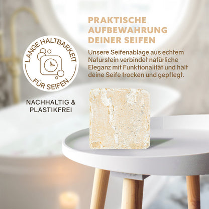 Puremetics Seifenablage aus Travertinstein mit Korkfüßen, natürliche Seifenschale aus Naturstein für Badezimmer.