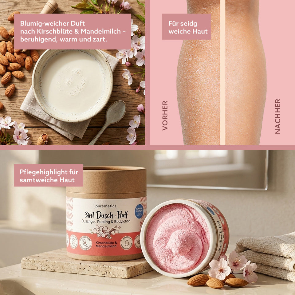 Puremetics 3in1 Dusch-Fluff Kirschblüte & Mandelmilch, Duschgel, Peeling und Pflege, 250 g, cremige Textur, Fruchtiger Duft