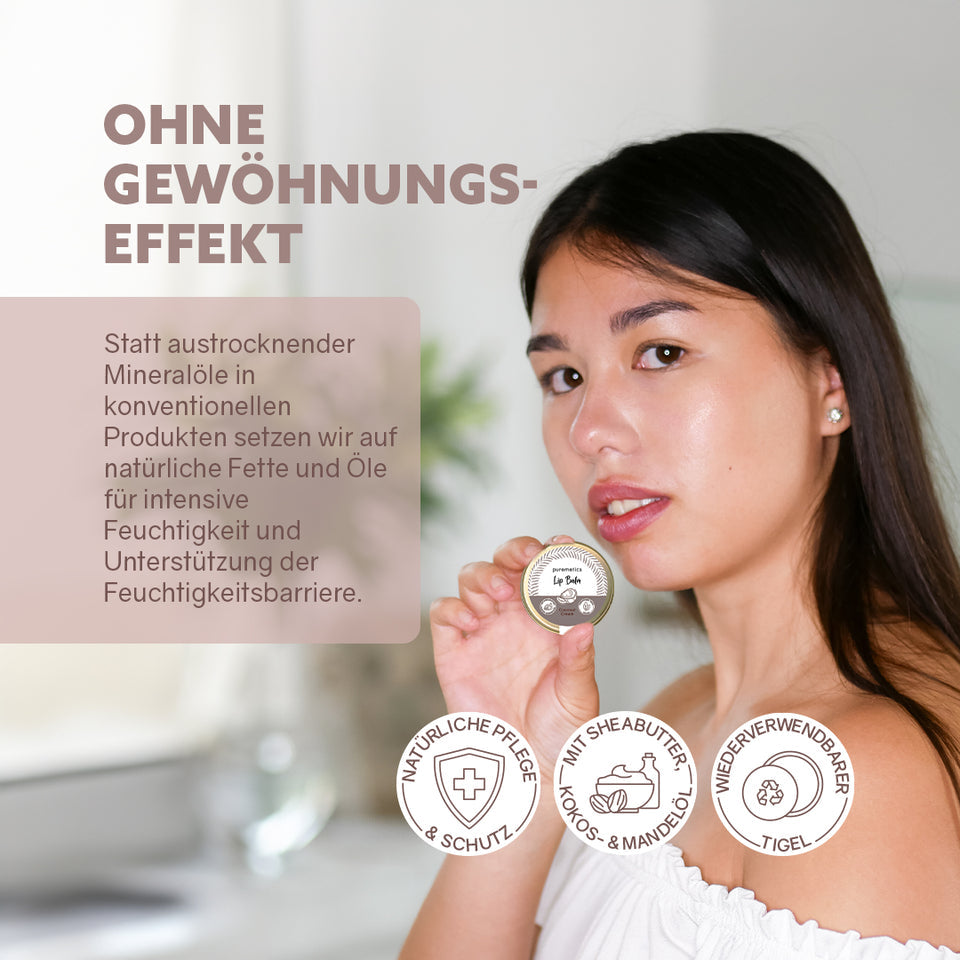 Veganer Puremetics Lip Balm Coconut Cream mit Sheabutter und Kokosöl, pflegende Lippenbalsam in einer Lippenpflegeanwendung.