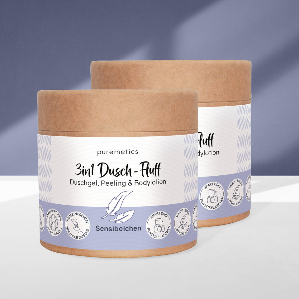 Puremetics 3in1 Dusch-Fluff „Sensibelchen“ Duschgel, Peeling & Pflege ohne Duftstoffe, cremige Textur, für empfindliche Haut
