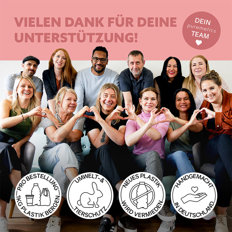 Puremetics 3in1 Dusch-Fluff Kirschblüte & Mandelmilch, Duschgel, Peeling und Pflege in 250 g, mit Team im Hintergrund