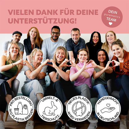 Puremetics 3in1 Dusch-Fluff Kirschblüte & Mandelmilch, Duschgel, Peeling und Pflege in 250 g, mit Team im Hintergrund