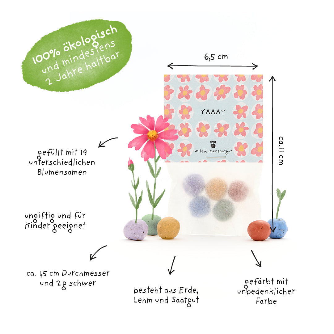 Trockenblumen "Yay" von Die Stadtgärtner, fünf bunte Blumenmurmeln im Tütchen, frontal aufgenommen.