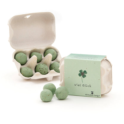 Bunte Blumenmurmeln im Eierkarton von Die Stadtgärtner, Pflanzenbauset für Glücksklee und bunte Blumen.