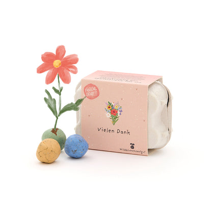 Bunte Blumenmurmeln im Eierkarton von Die Stadtgärtner, Saatgut für bunte Blumen, mit Dankeschön-Design auf der Verpackung
