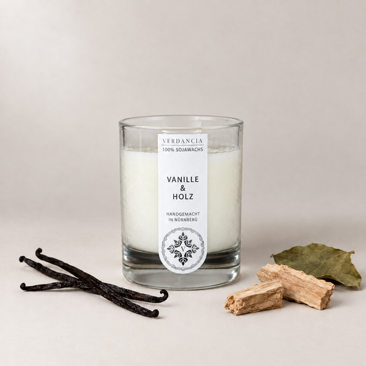Vanille & Holz | Duftkerze Sojawachs – Vanille, Patchouli und Sandelholz – warm & gemütlich