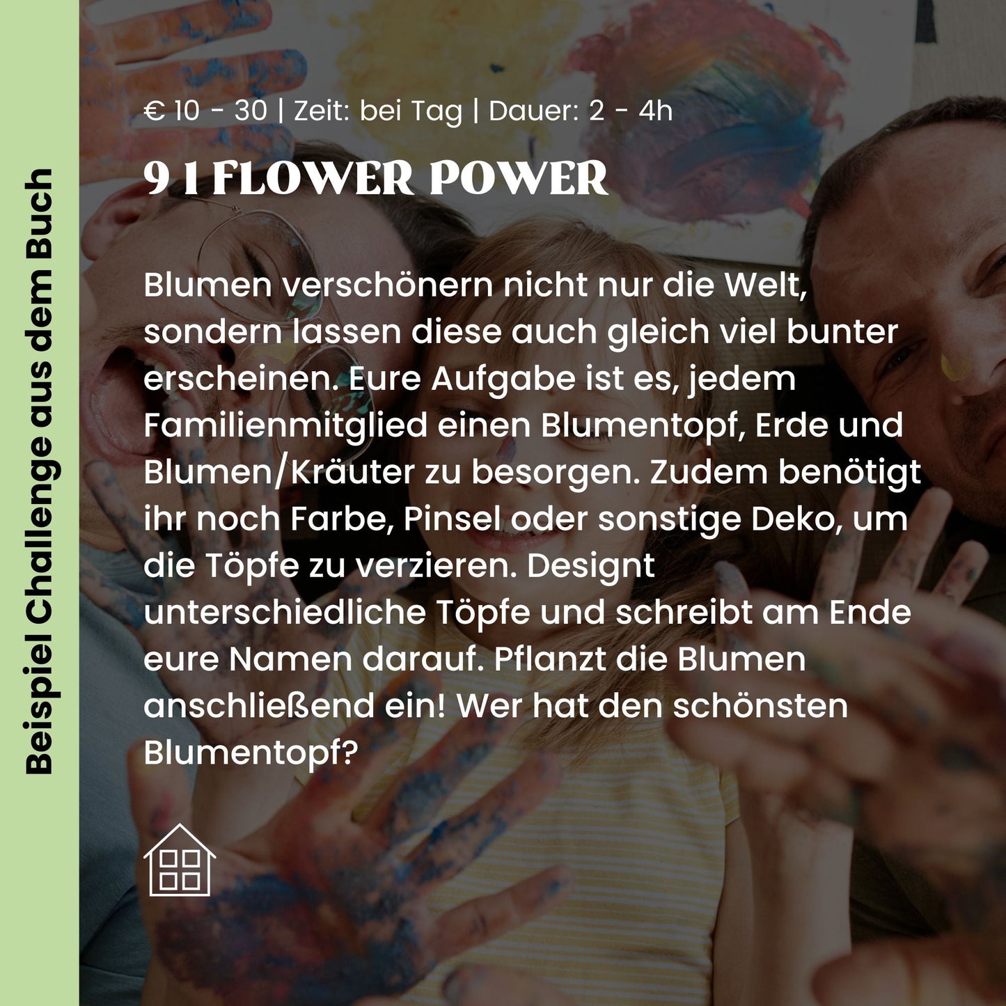 Memory2Make Challengebuch für Familien mit 32 Abenteuern und Momenten, offene Buchseite mit bunten Illustrationen und Textfeldern