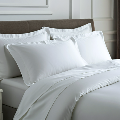 Feines Satin Spannbettlaken von Finole aus 100% ägyptischer Baumwolle, seidig glatt, atmungsaktiv und luxuriös, in hellgrau.