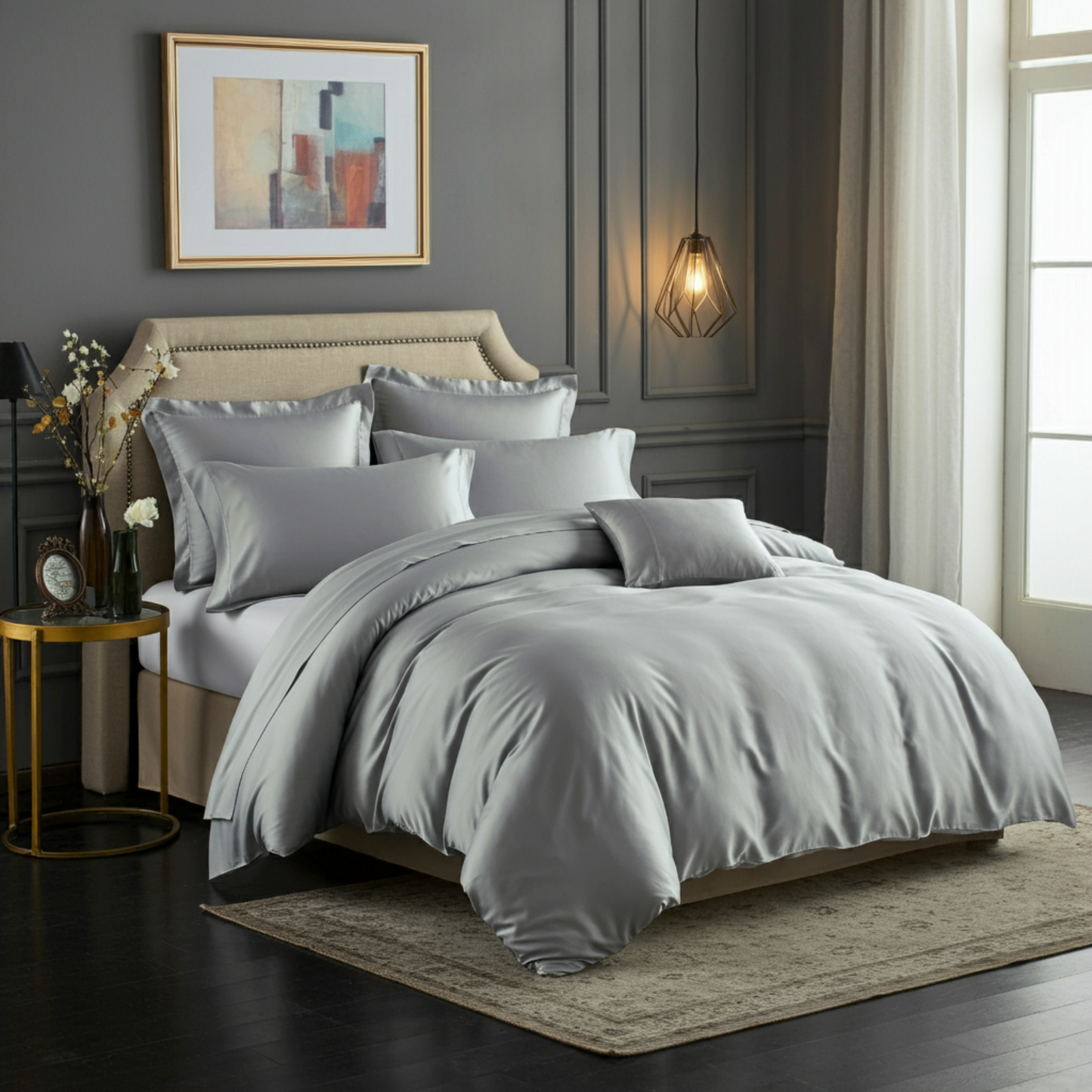 Finole Satin Spannbettlaken aus 100% ägyptischer Baumwolle, seidig glatt, atmungsaktiv und luxuriös, in ruhigem Farbton.