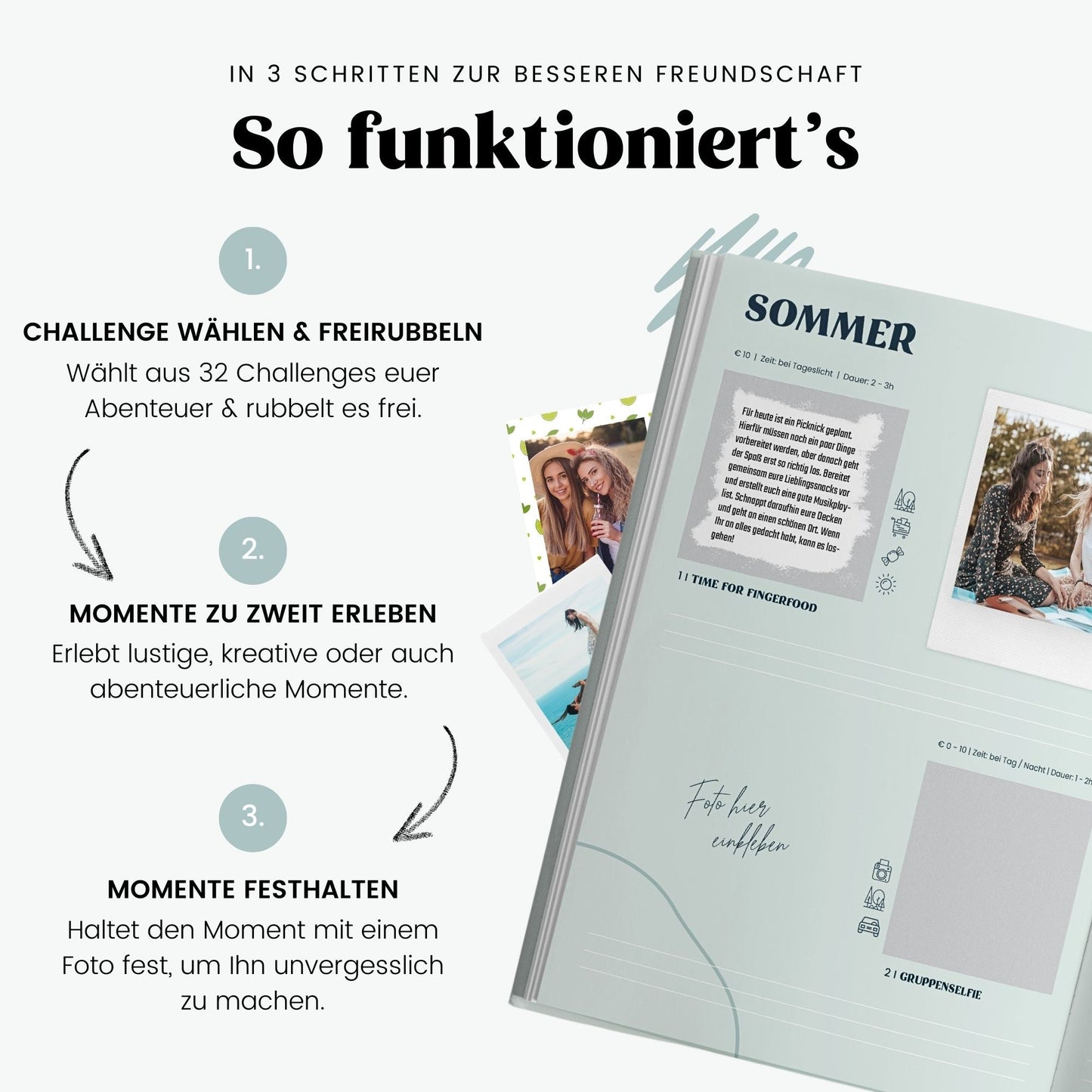 Memories2make Challengebuch für beste Freundinnen mit 32 gemeinsamen Abenteuern und Erinnerungen, offen auf bunten Seiten gezeigt.