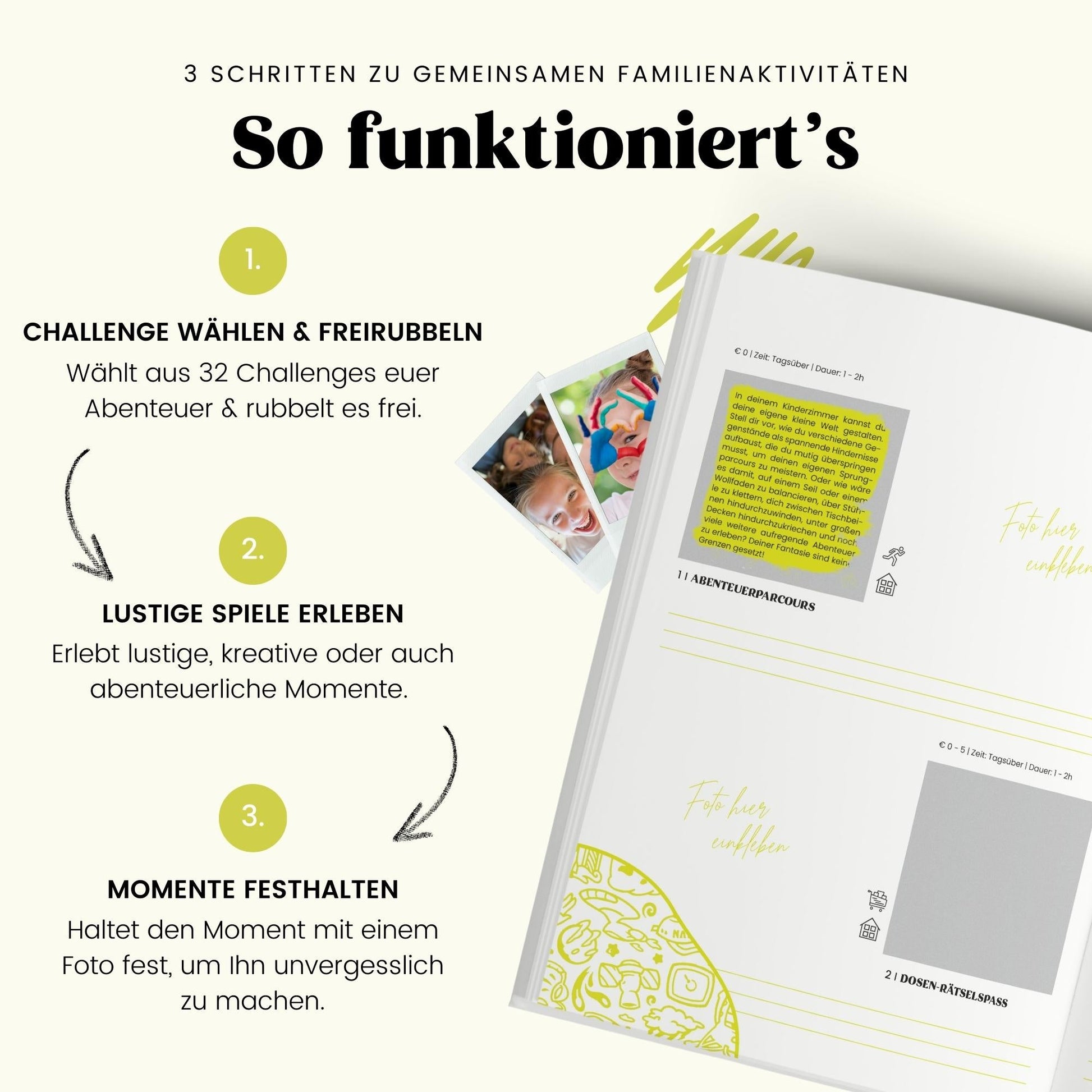 Kinder-Challengebuch von memories2make mit bunten Illustrationen und Platz für kreative Aufgaben und Erinnerungen