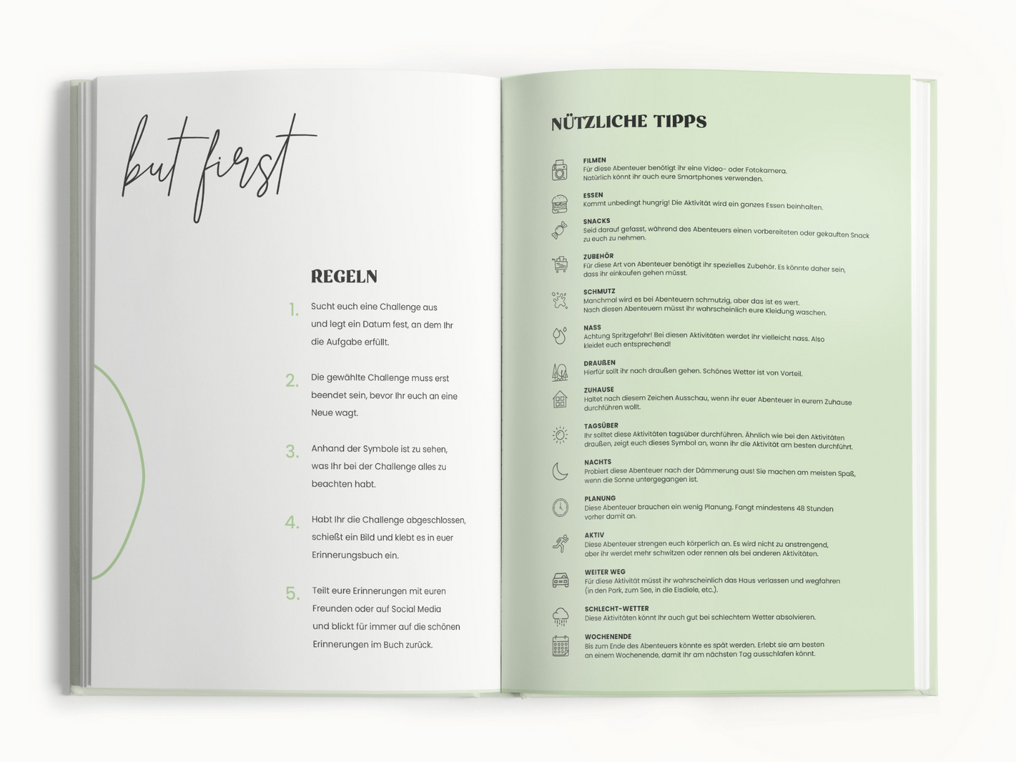 Buch Memories2Make Challengebuch für Familien mit 32 Abenteuern und Momenten, offene Seite mit bunten Illustrationen