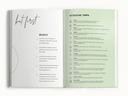 Buch Memories2Make Challengebuch für Familien mit 32 Abenteuern und Momenten, offene Seite mit bunten Illustrationen