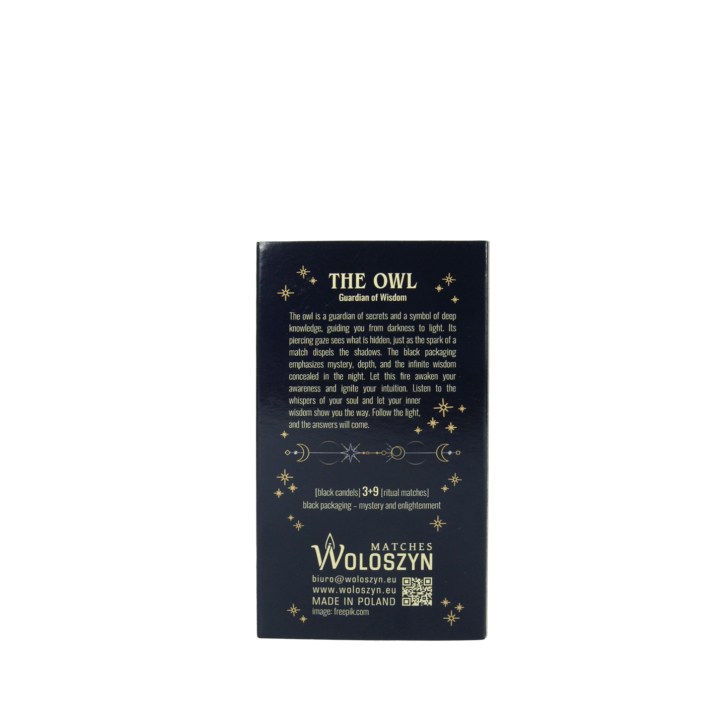 Ritual-Set „Die Eule – Hüterin der Geheimnisse“ – Schwarze Kerzen & lange Streichhölzer - Verdancia