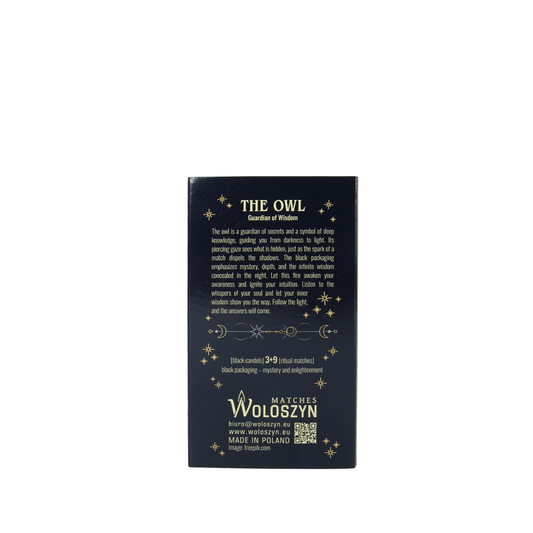 Ritual-Set „Die Eule – Hüterin der Geheimnisse“ – Schwarze Kerzen & lange Streichhölzer - Verdancia
