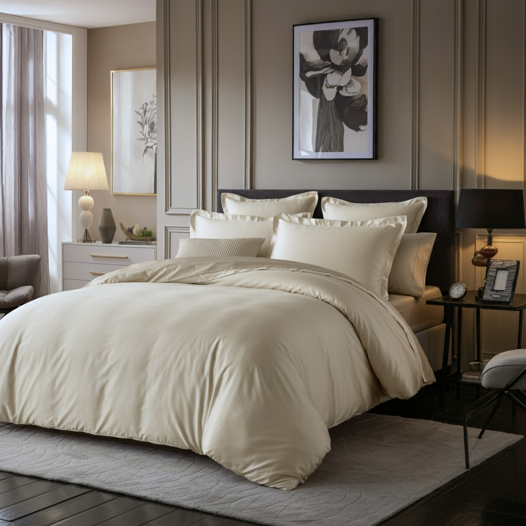 Feines Satin Spannbettlaken von Finole aus 100% ägyptischer Baumwolle, seidig glatt, atmungsaktiv und luxuriös.