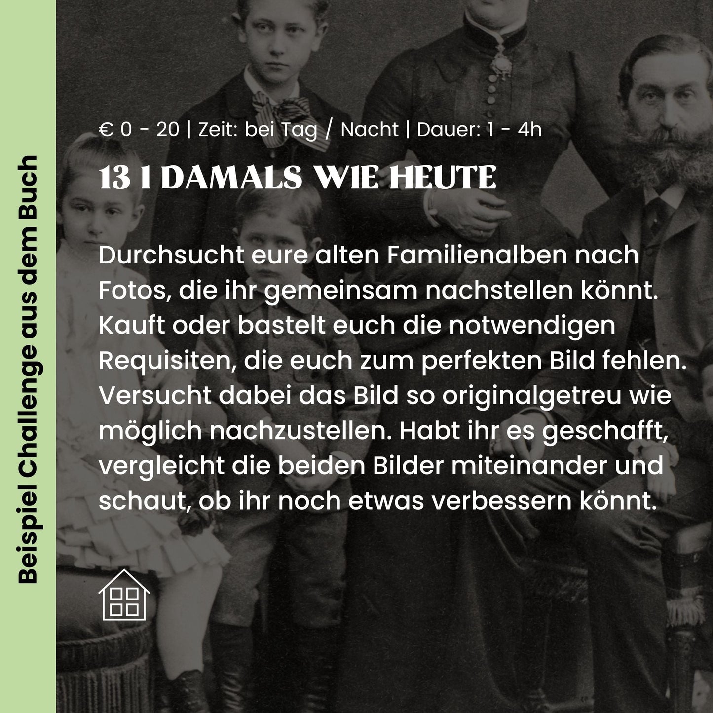 Memory2Make Challengebuch für Familien mit 32 Abenteuern und Momenten, offene Buchseite mit Stift und Familienfoto