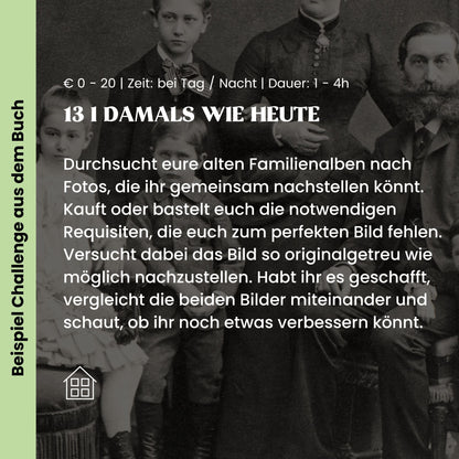 Memory2Make Challengebuch für Familien mit 32 Abenteuern und Momenten, offene Buchseite mit Stift und Familienfoto