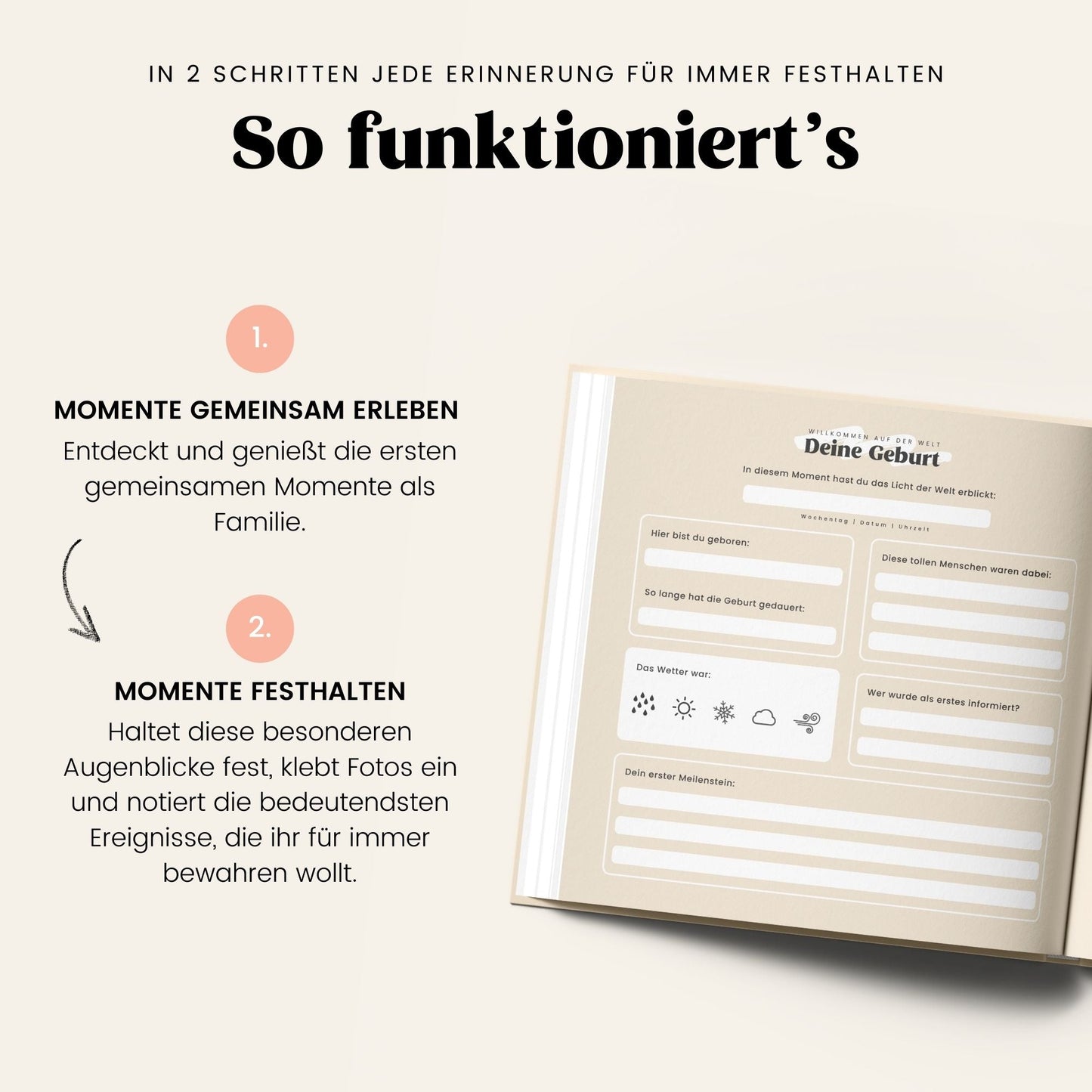 My First Memories Babybuch von memories2make, Erinnerungsalbum für die ersten Jahre und besondere Momente, offene Buchseite