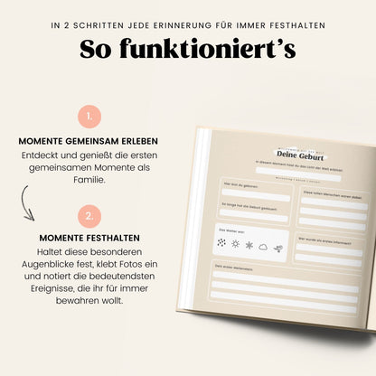 My First Memories Babybuch von memories2make, Erinnerungsalbum für die ersten Jahre und besondere Momente, offene Buchseite