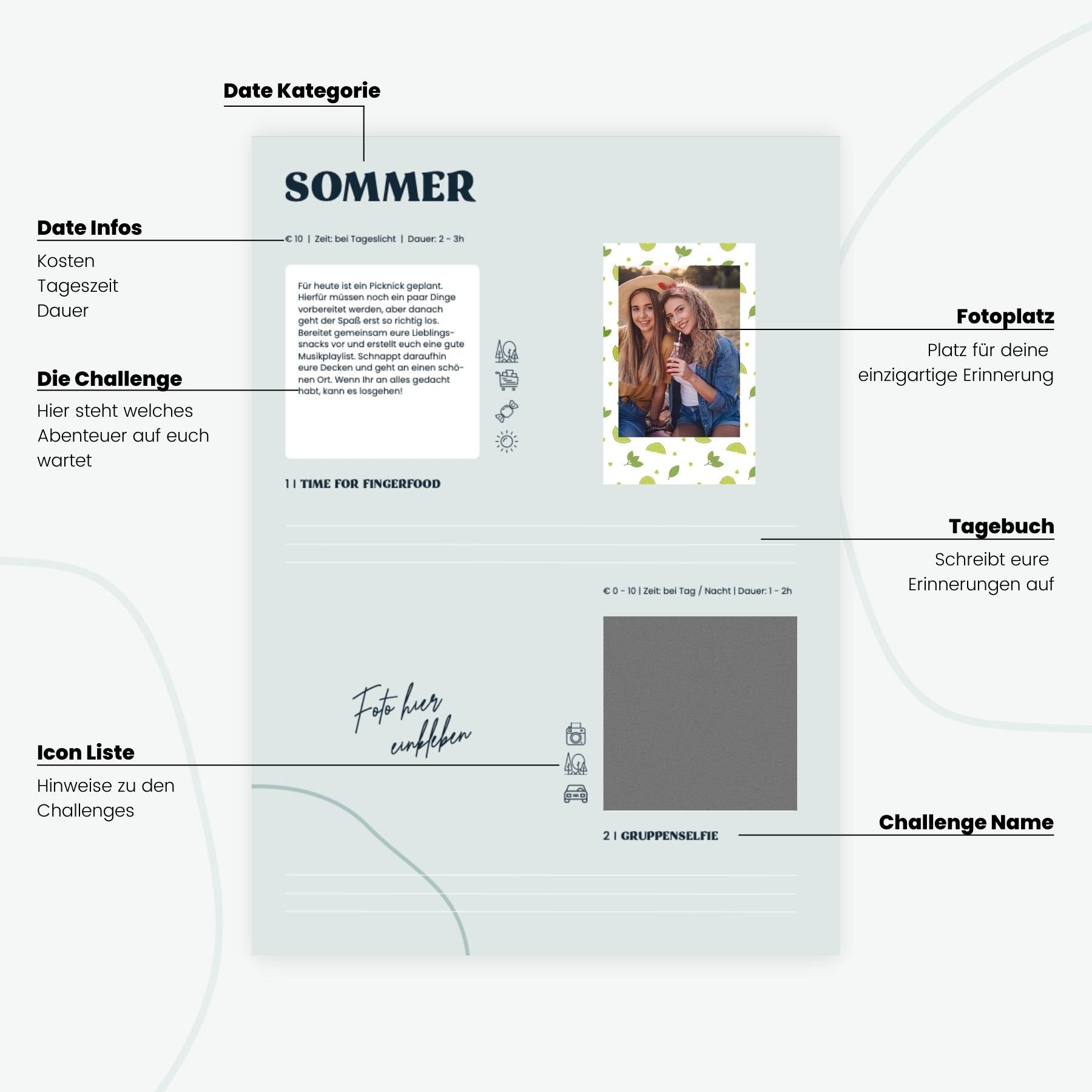 Memorys2make Challengebuch für beste Freundinnen mit 32 gemeinsamen Abenteuern und Erinnerungen, offene Buchseiten mit Illustrationen