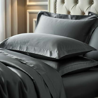 Feines Finole Satin Spannbettlaken aus 100% ägyptischer Baumwolle, seidig glatt, atmungsaktiv und luxuriös, in Bildansicht.